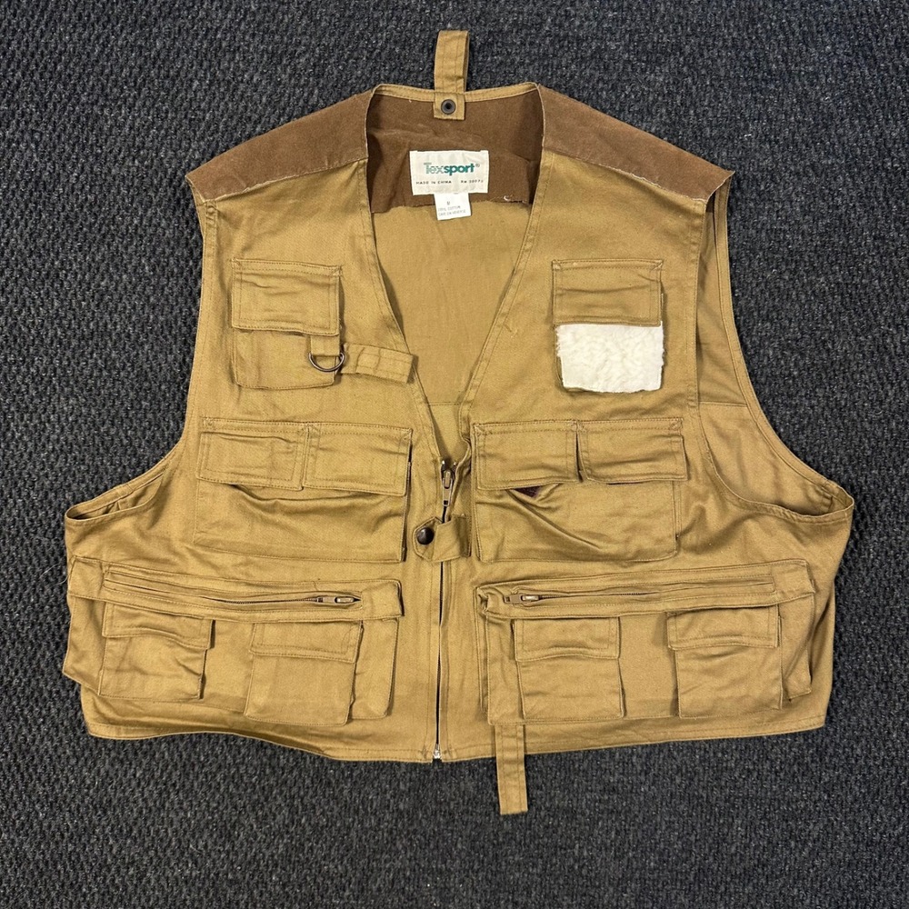 Texsport Fishing Vest Mens Medium Tan Cotton Multi-Pocket Utility Fly Fishing